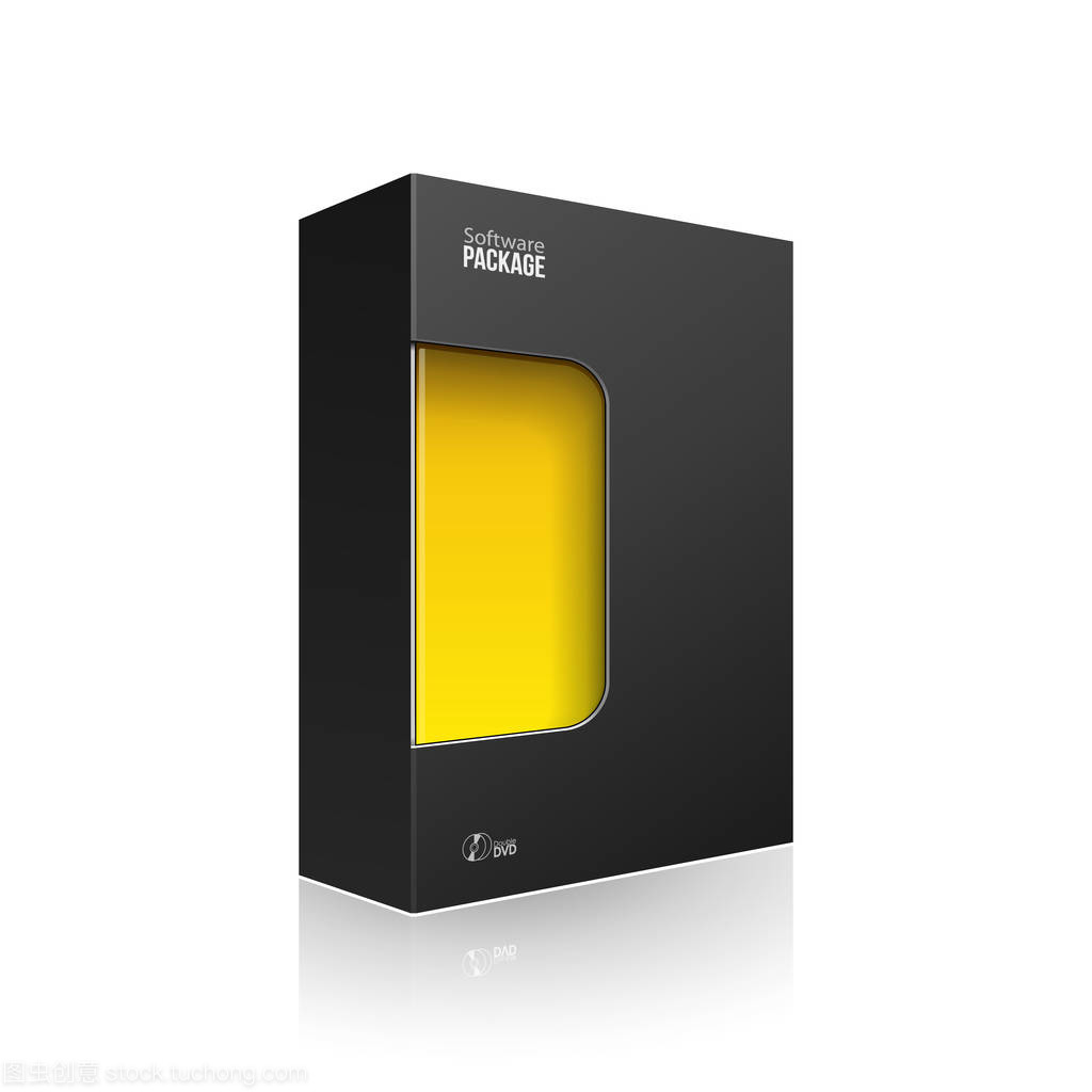 黑色現(xiàn)代軟件產(chǎn)品包裝盒, 帶有黃色橙色窗口, 用于 Dvd 或 Cd 盤。3d 在白色背景上的插圖被隔離。為您的設(shè)計(jì)做好準(zhǔn)備。包裝.矢量 Eps10
